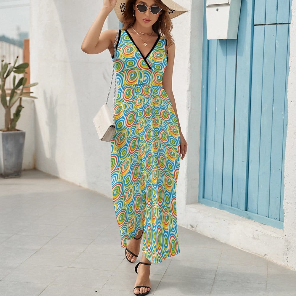 Vibrant Retro Circles Sleeveless Long Dress