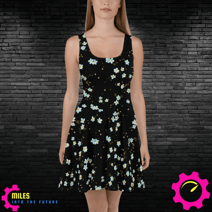 Elegant Black Dress with Blue & White Floral Accents