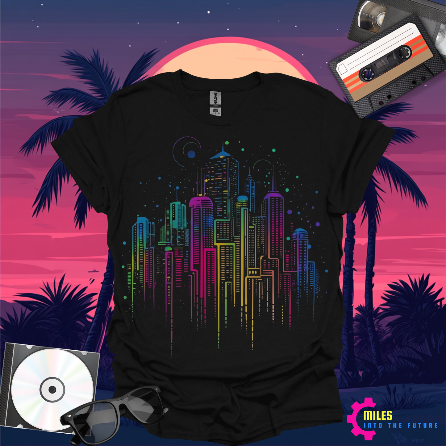 Neon Futuristic City Unisex Softstyle T-Shirt