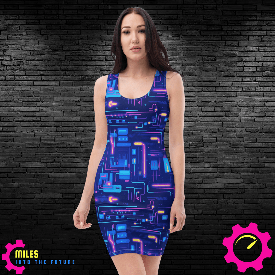 Modern Circuitry Blue Dress - All Over Electronic Wiring Print