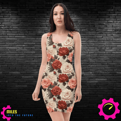 Elegant Roses All Over Print Dress - White, Red, Pink Blooms Pattern