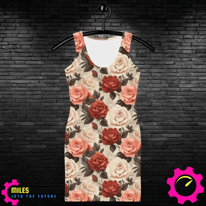 Elegant Roses All Over Print Dress - White, Red, Pink Blooms Pattern