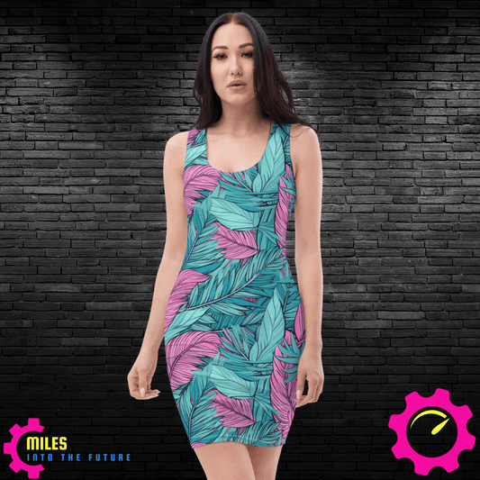 Retro Tropical Elegance: Pink & Retro Green Palm Leaves All Over Print Dress