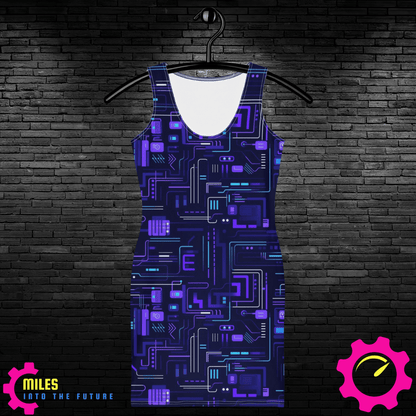 Purple Circuitry All-Over Print Dress - Electronic-Inspired Pattern