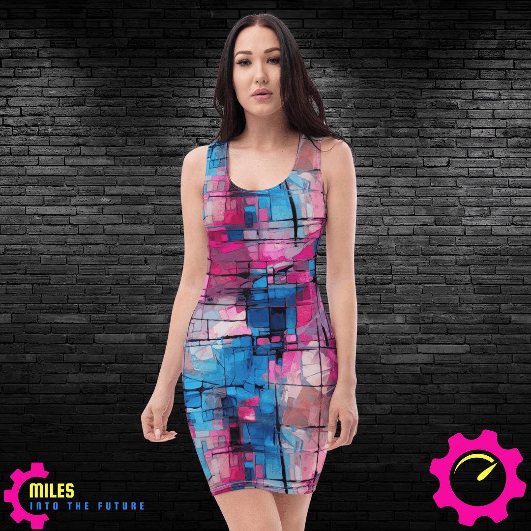 Vibrant Abstract Grid All Over Print Dress - Cubist Inspired Design