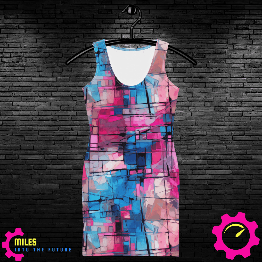 Vibrant Abstract Grid All Over Print Dress - Cubist Inspired Design