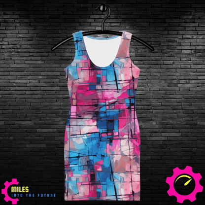 Vibrant Abstract Grid All Over Print Dress - Cubist Inspired Design