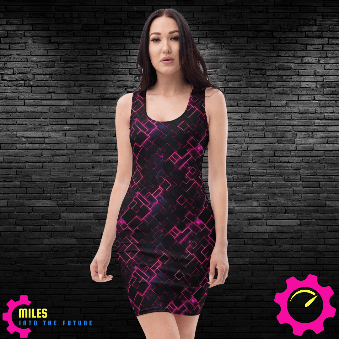 Futuristic Neon Grid Dress | Pink & Red on Deep Black | Modern Cubo-Futuristic Design