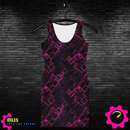 Futuristic Neon Grid Dress | Pink & Red on Deep Black | Modern Cubo-Futuristic Design