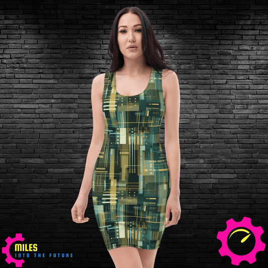 Green & Gold Cityscape Dress: Futuristic Abstract Design