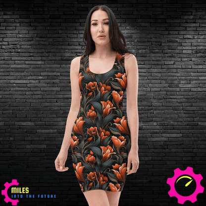 Dark Orange Floral All-Over Print Dress