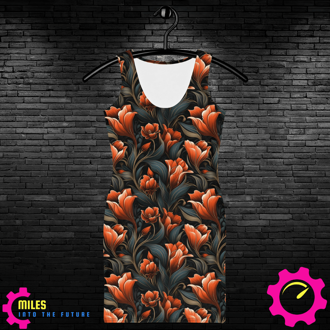 Dark Orange Floral All-Over Print Dress