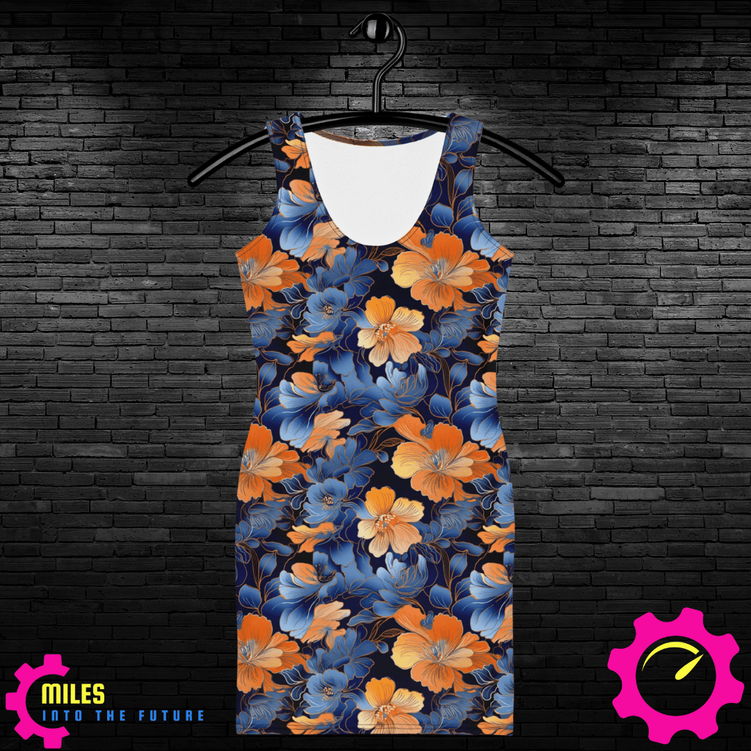 Elegant Blue & Orange Floral All Over Print Dress - Vibrant Botanical Design for Any Occasion