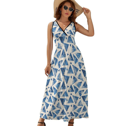 Geometric Blue Sleeveless Long Dress