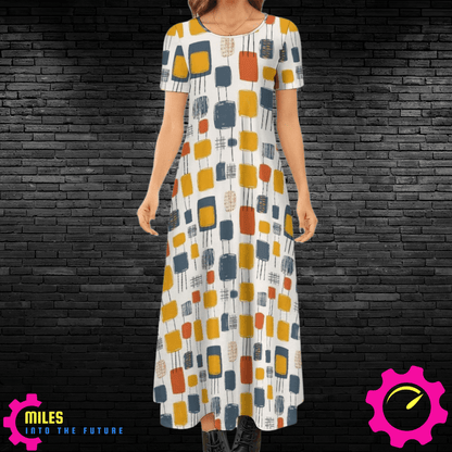 Retro Abstract Short Sleeve Round-Neck Long Dress Round neck dress