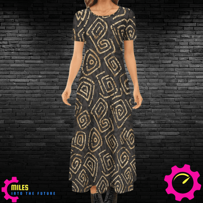 Tribal Swirl Short Sleeve Round-Neck Long Dress Round neck short sleeve dress