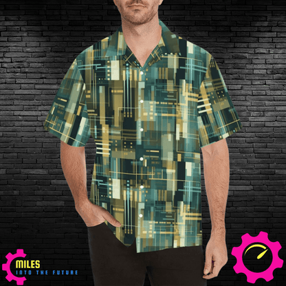 Modern Geometric Matrix Men's Shirt - Contemporary Green & Gold Digital Design