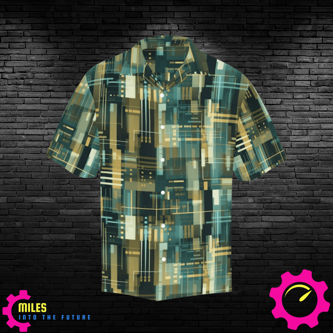 Modern Geometric Matrix Men's Shirt - Contemporary Green & Gold Digital Design