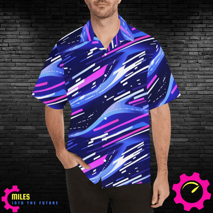 Vibrant Abstract Wave Print Men's Shirt - Modern Blue & Purple Casual Wear