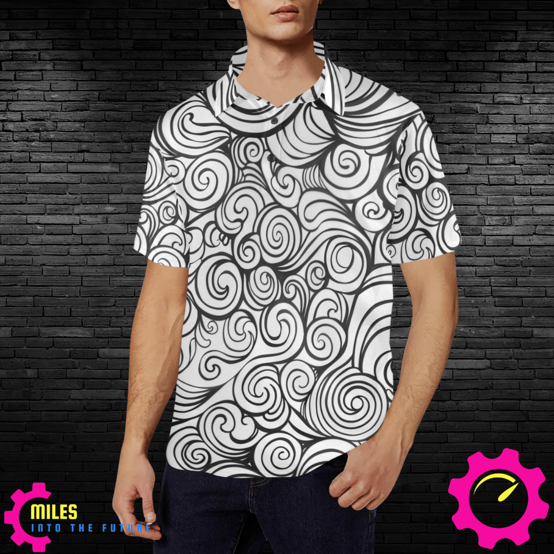 Men's Black and White Swirl Pattern Polo Shirt