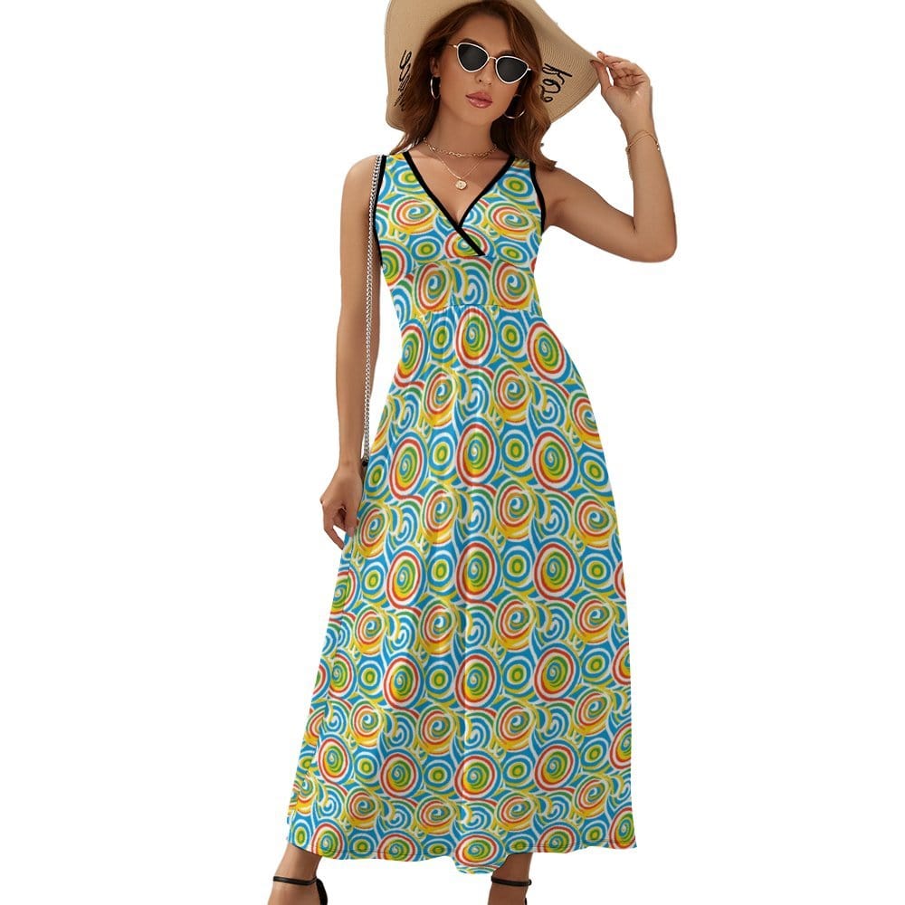 Vibrant Retro Circles Sleeveless Long Dress