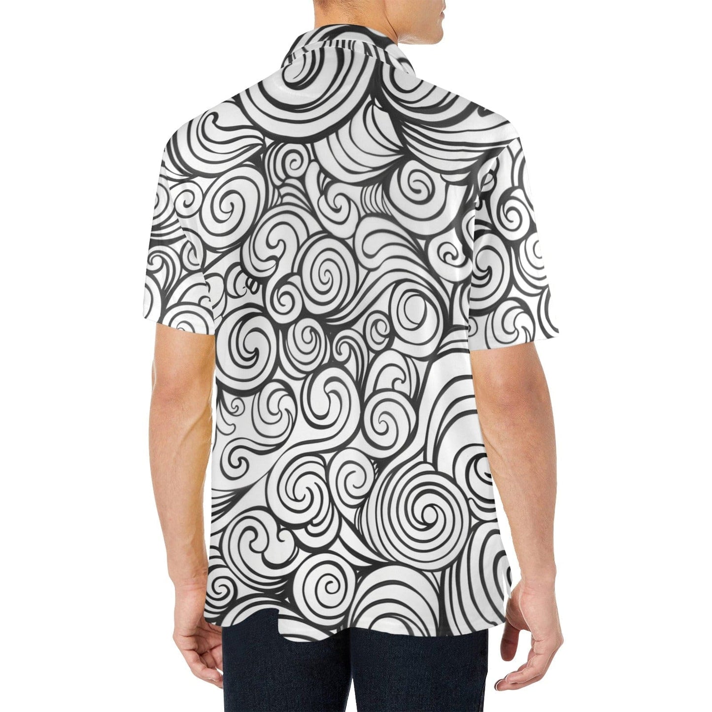 Men's Black and White Swirl Pattern Polo Shirt