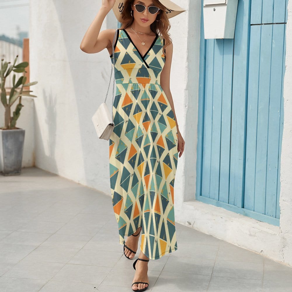 Retro Geometric Sleeveless Long Dress