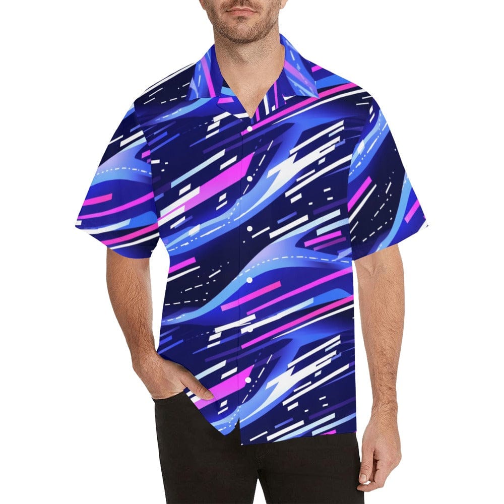 Vibrant Abstract Wave Print Men's Shirt - Modern Blue & Purple Casual Wear