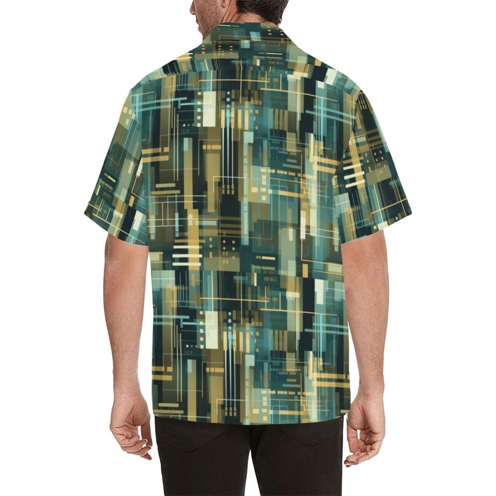 Modern Geometric Matrix Men's Shirt - Contemporary Green & Gold Digital Design