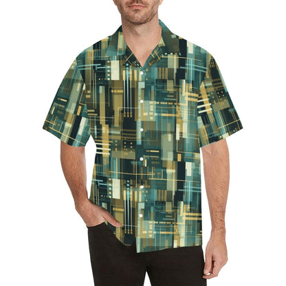 Modern Geometric Matrix Men's Shirt - Contemporary Green & Gold Digital Design